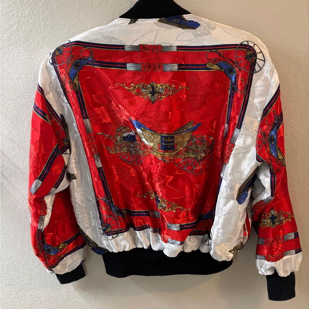 Vibrant Red and White Women's Bomber Jacket - Picture 4 of 7